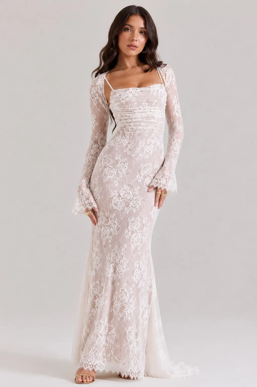 Vintage Cream Lace Maxi Dress Romantic Long Sleevees Lace Bodycon Dress