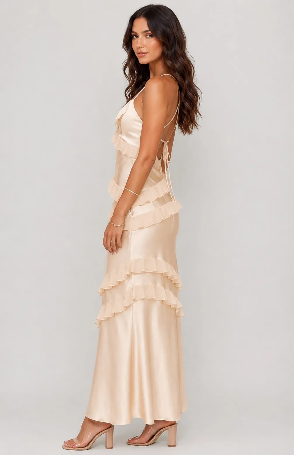 Cream Satin Ruffle V Neck Spaghetti Strap Tie Backless Long Maxi Dress - Image 4