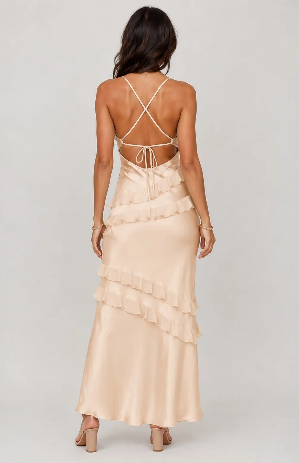 Cream Satin Ruffle V Neck Spaghetti Strap Tie Backless Long Maxi Dress - Image 5